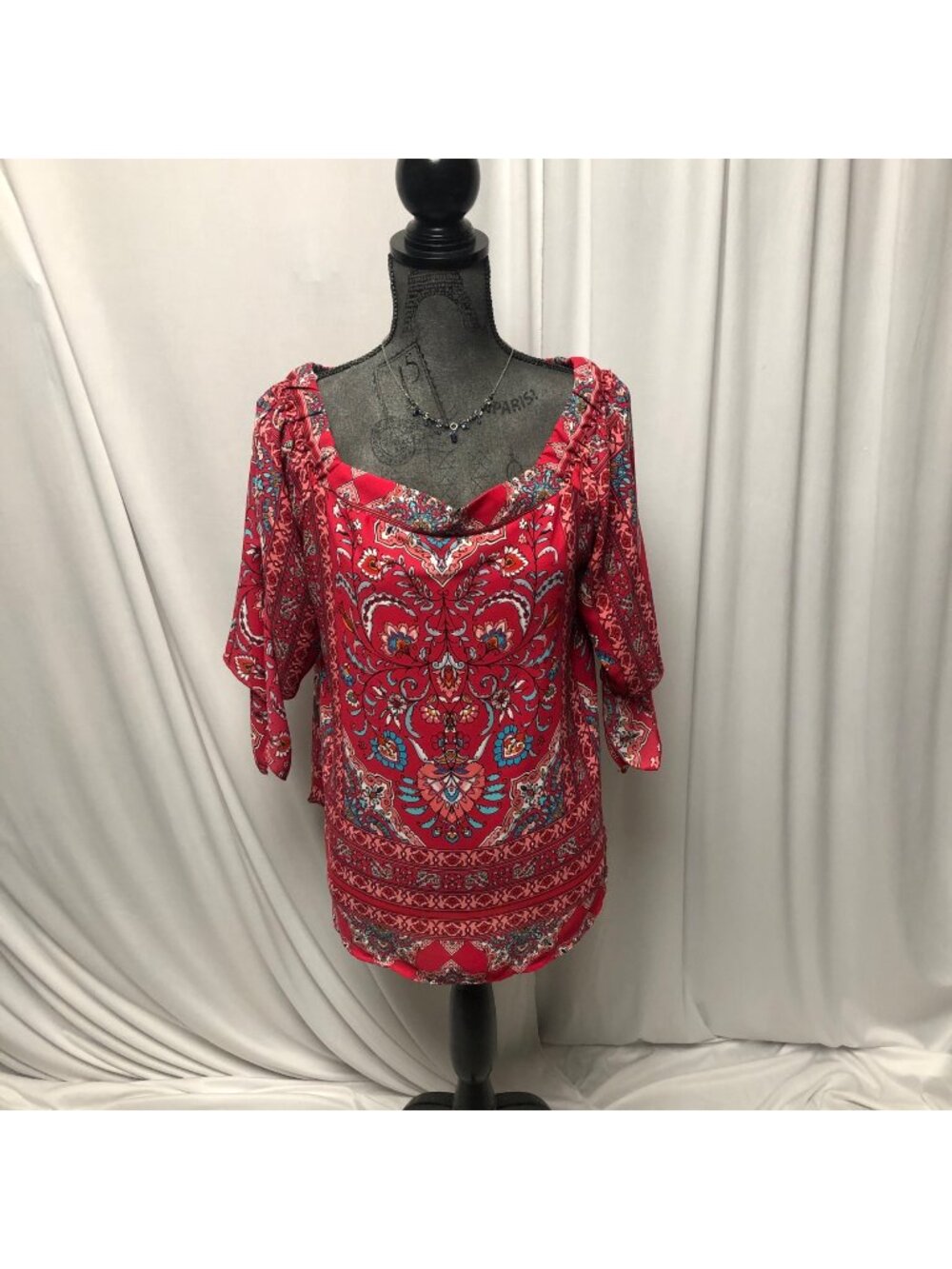 Verse Boho Blouse Womens Size Large Red Blue Floral On or Off Shoulder Top USA